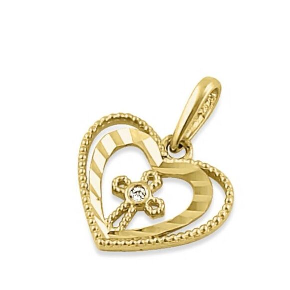 Solid 14K Yellow Gold Double Heart Cross with Clear CZ Necklace Pendant New - Picture 1 of 4